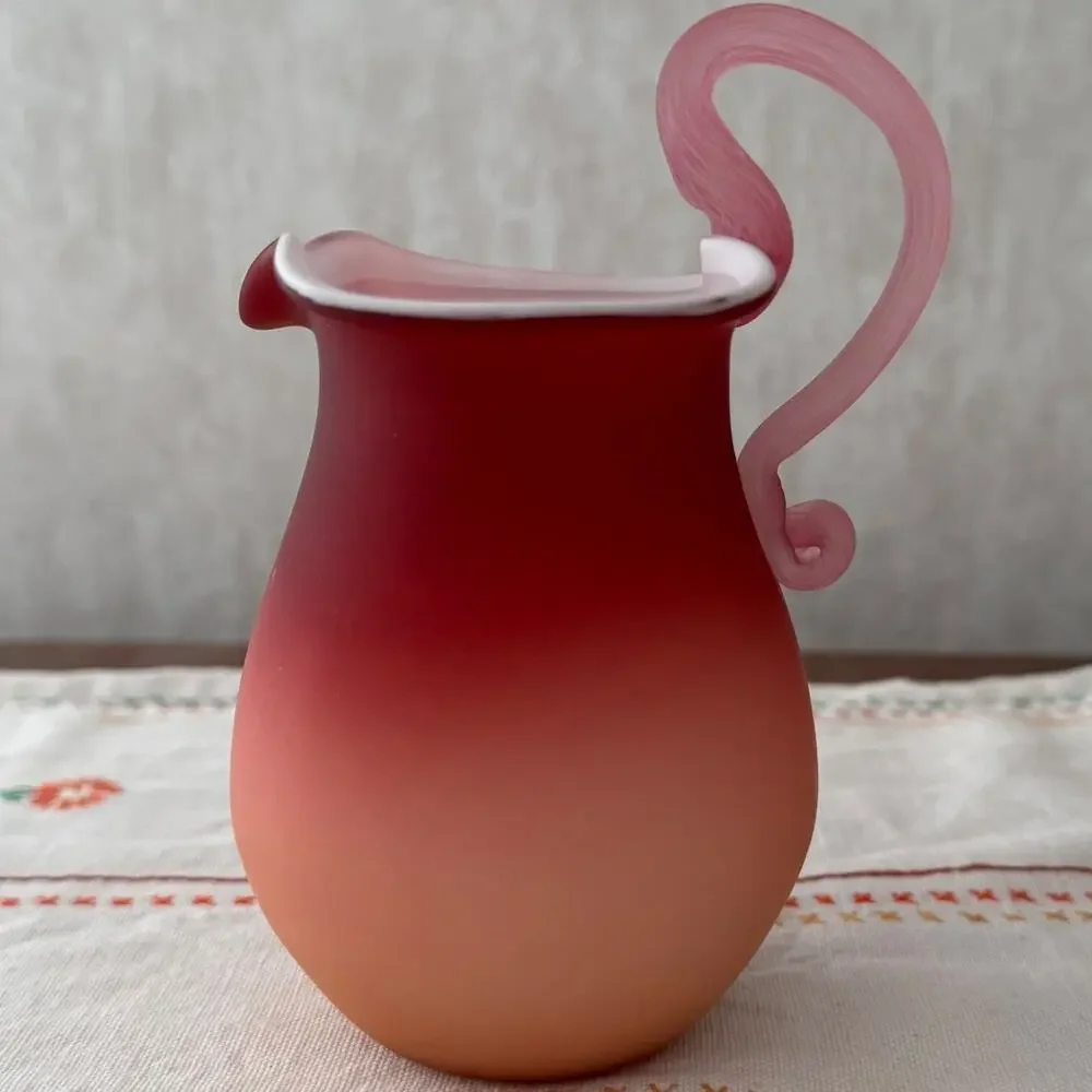 Vintage Peachblow-Style Satin Cased Glass Creamer Pitcher Applied Handle 5.25